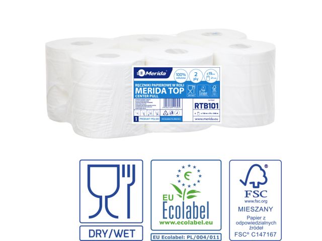 MERIDA TOP MAXI - paper towel in roll, white, 2 -ply, 100% cellulose, diameter 19 cm, 158 m (6 rolls / pack.)